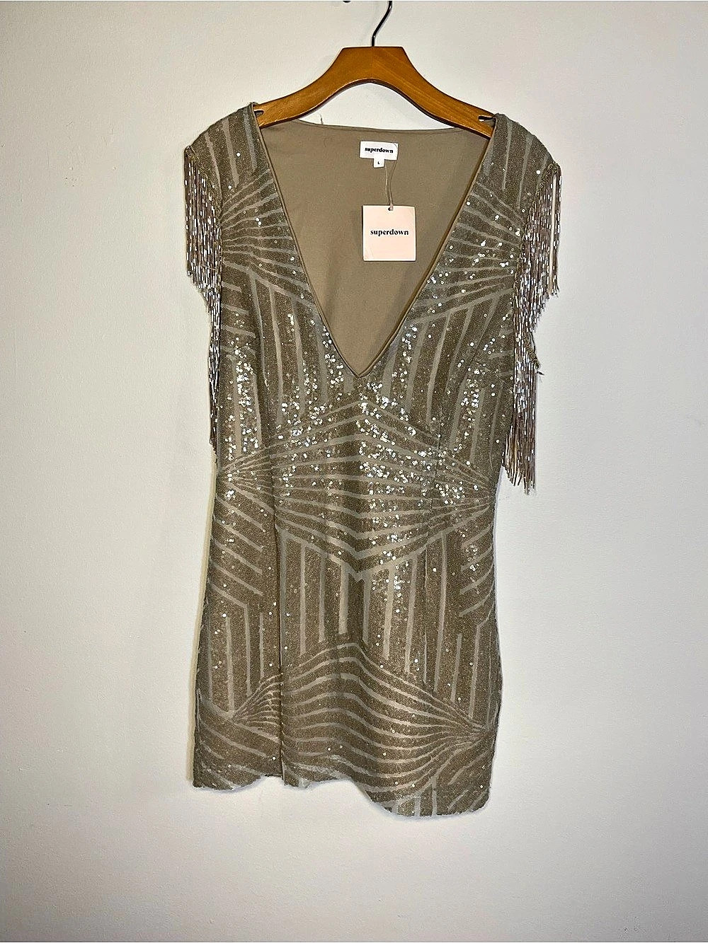 superdown Carly Fringe Mini Dress Sequin Fringe Mini Dress in Brown Size Large